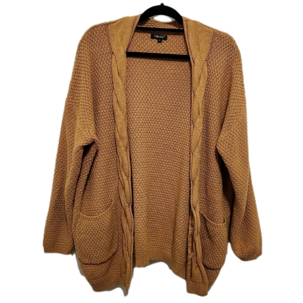 Traleubie Women's L Open Front Cardigan Sweater Mustard Yellow Cable Detail